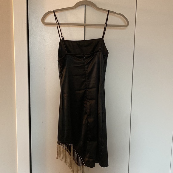 Strobe Lights Black Satin Rhinestone Fringe Mini Dress - Picture 6 of 6